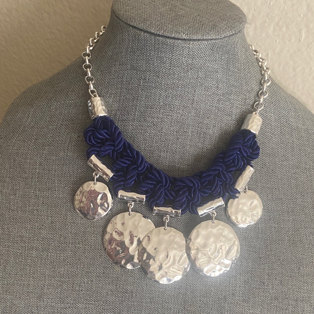 Vintage CHICO’s Silver Tone Medallions and Navy Blue Braid Statement Necklace